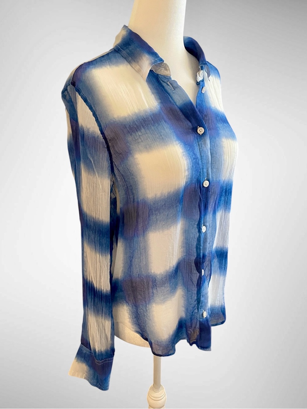 J.CREW Blue & White Sheer Crinkle Lightweight Button-Down Blouse | Size 6